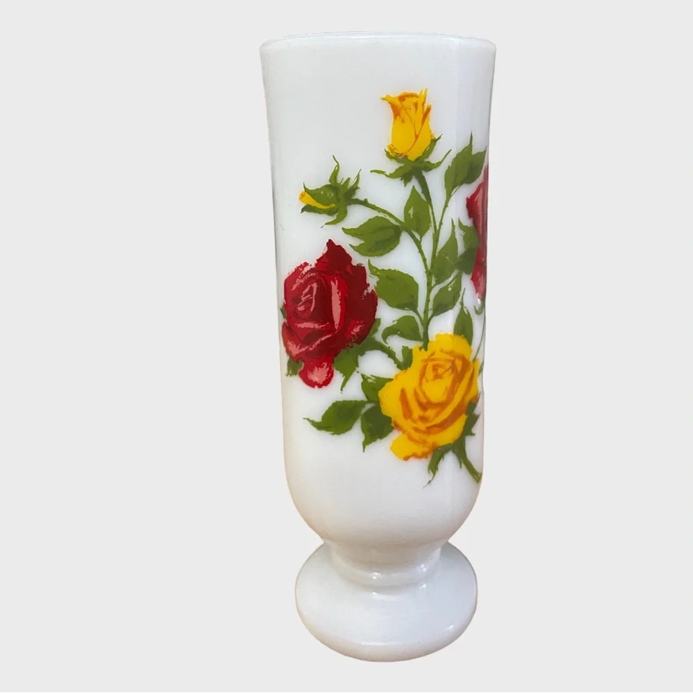 Vintage AVON Red & Yellow Roses White Milk Glass Handled Pedestal Bud Vase
